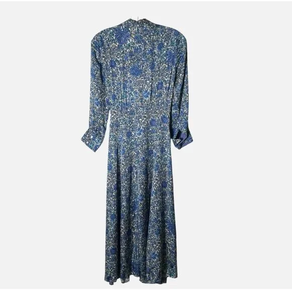 Sandro Dress Size 0 Blue Floral Wrap Midi 3/4-Sleeve Collar‎ Tie *READ FLAW* - Picture 8 of 10